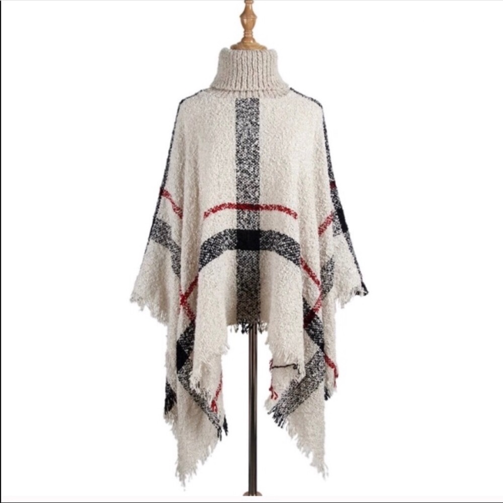 Plaid Poncho Cardigan Scarf Shawl Kimono-CAMEL - Picture 2 of 8